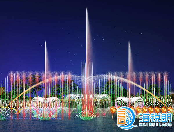 湖面彩色音乐数码喷泉工程分控效果图